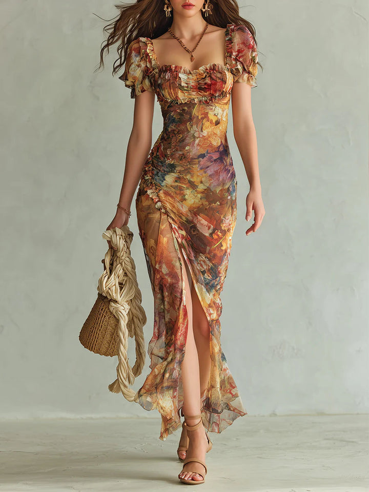 Elora | Orange Bohemian Holiday Oil Painting Print Chiffon Maxi Dress