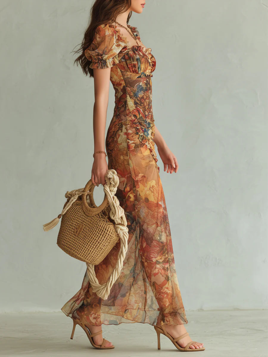Elora | Orange Bohemian Holiday Oil Painting Print Chiffon Maxi Dress