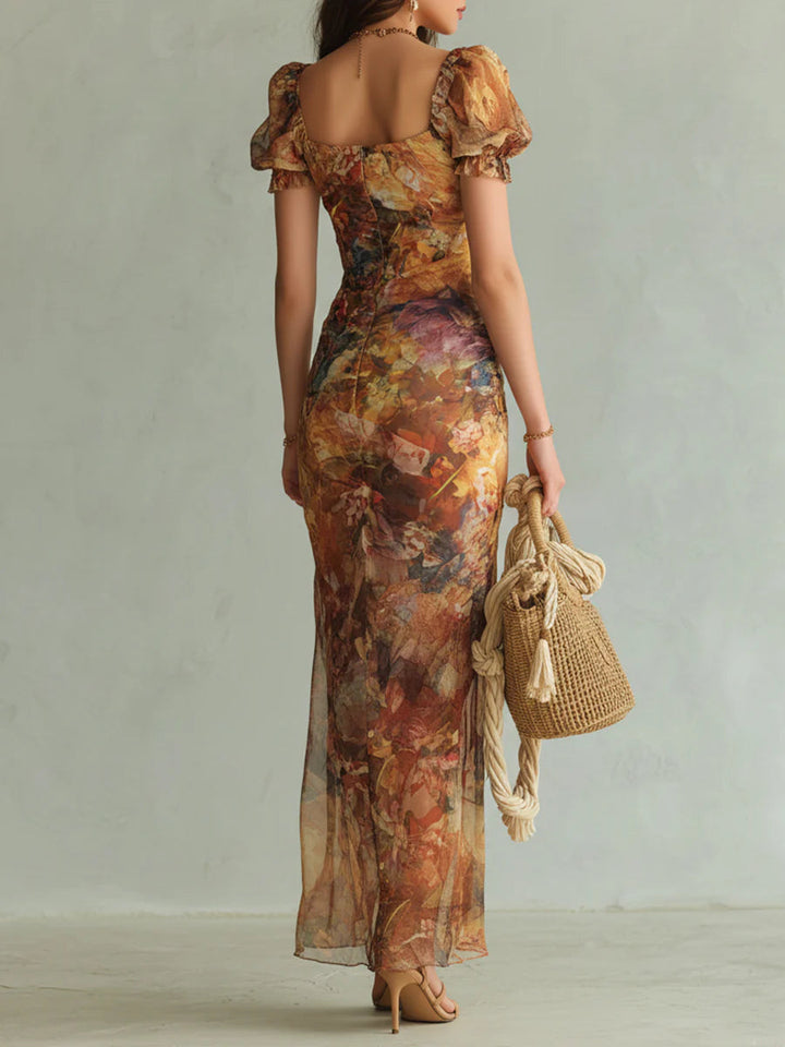 Elora | Orange Bohemian Holiday Oil Painting Print Chiffon Maxi Dress