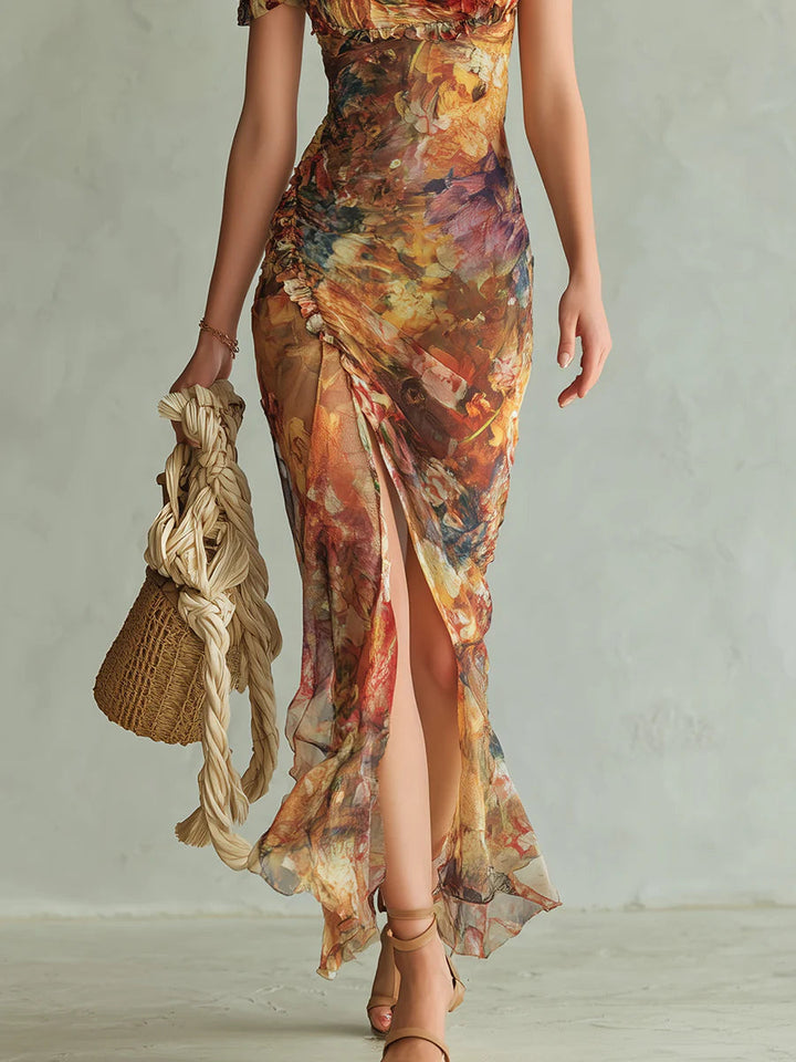 Elora | Orange Bohemian Holiday Oil Painting Print Chiffon Maxi Dress