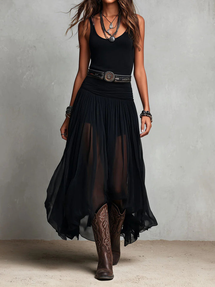 Gillian | Black Sleeveless Tank Top With Tulle Skirt Maxi Dress (with belt)