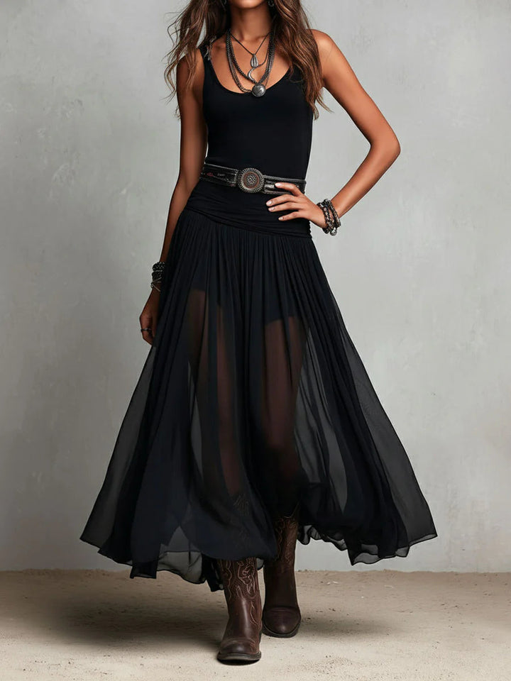 Gillian | Black Sleeveless Tank Top With Tulle Skirt Maxi Dress (with belt)