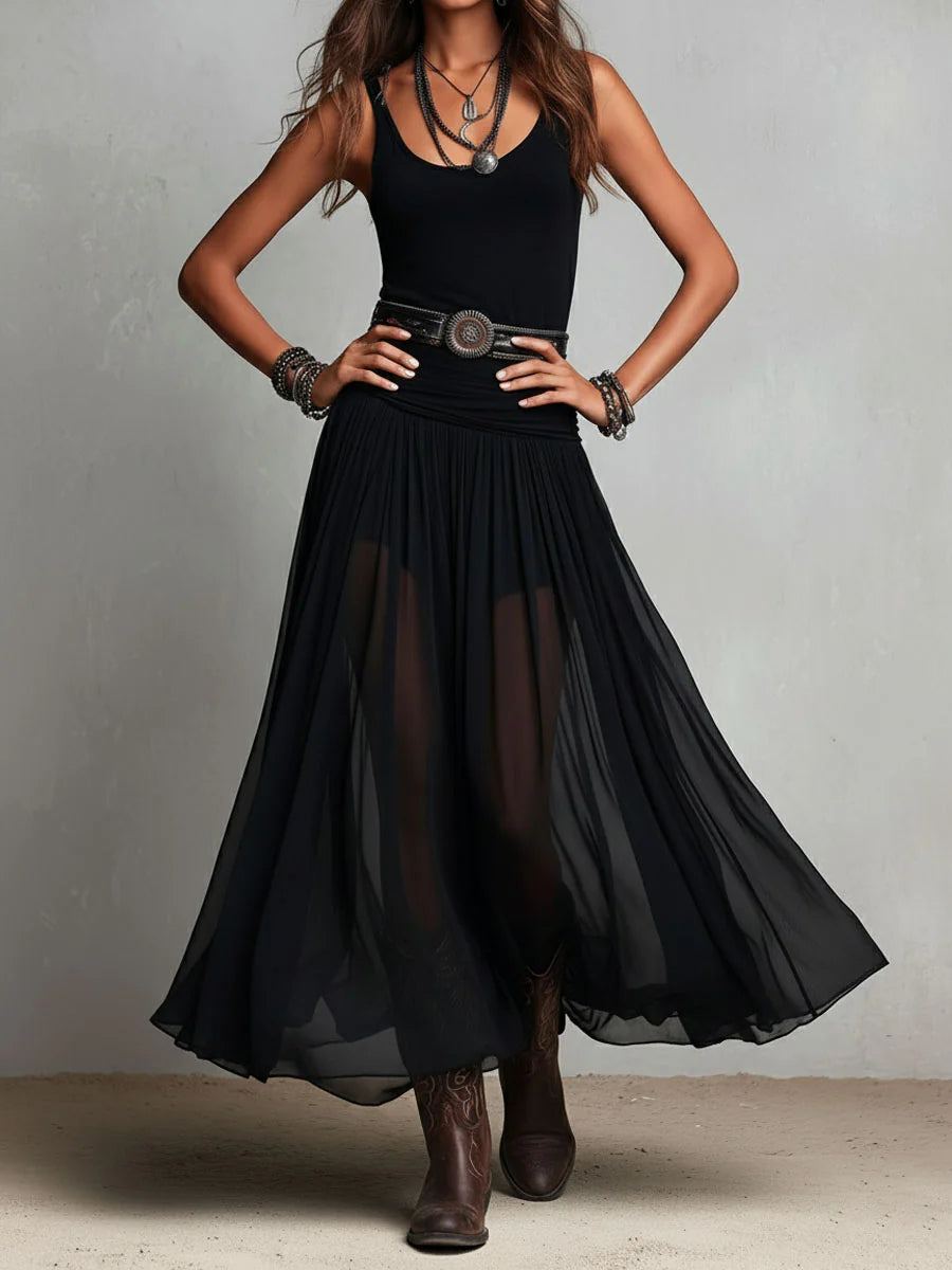 Gillian | Black Sleeveless Tank Top With Tulle Skirt Maxi Dress (with belt)