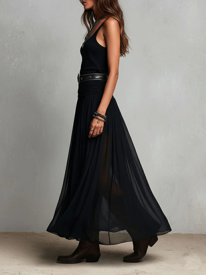 Gillian | Black Sleeveless Tank Top With Tulle Skirt Maxi Dress (with belt)