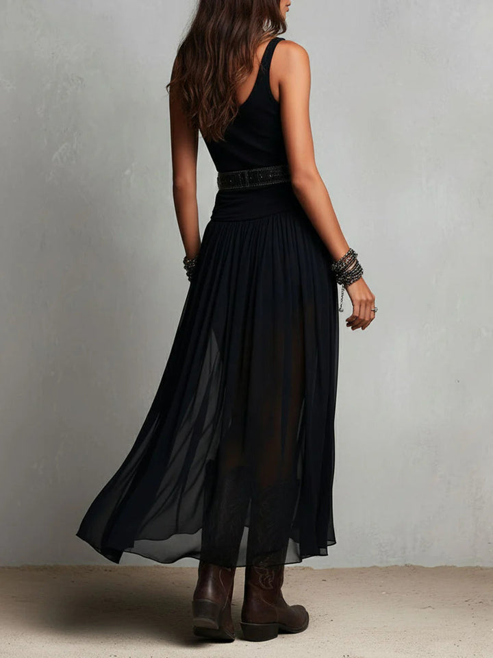 Gillian | Black Sleeveless Tank Top With Tulle Skirt Maxi Dress (with belt)