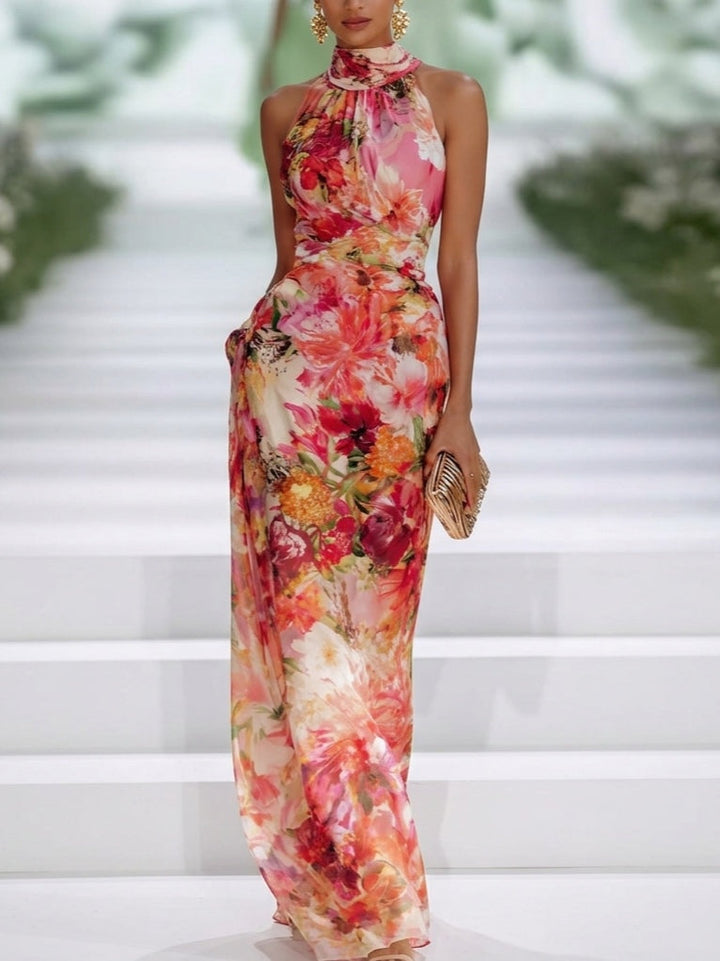 Raya | Red Chiffon Floral Halter-neck Sleeveless Maxi Dress