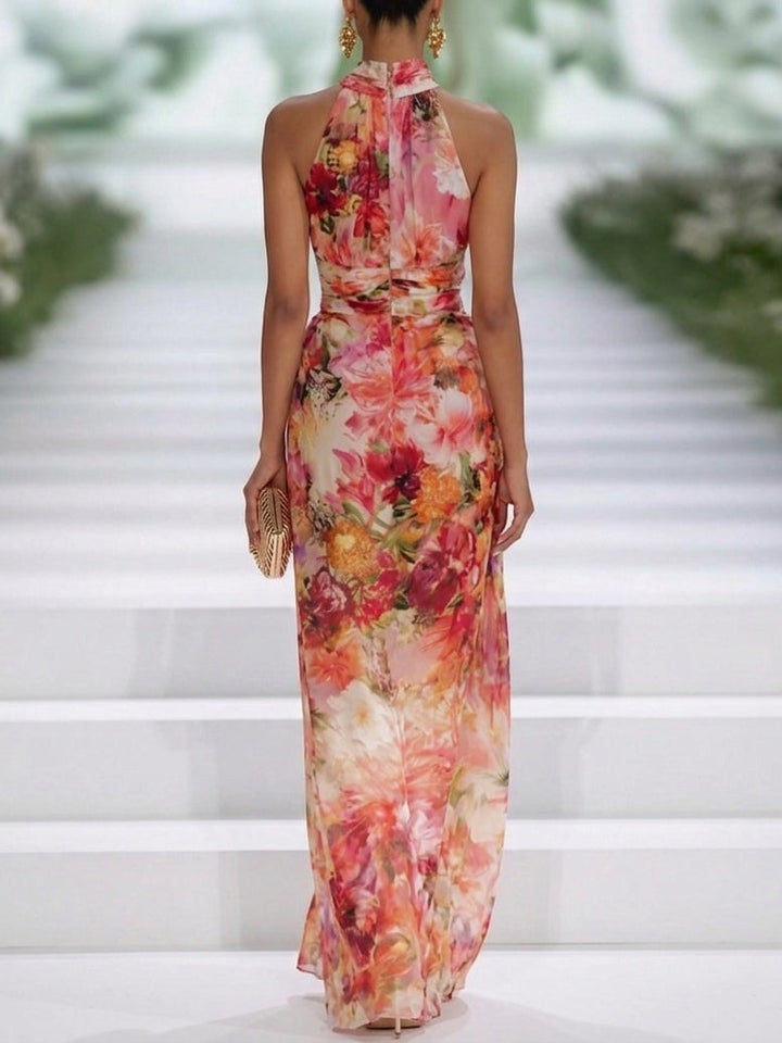 Raya | Red Chiffon Floral Halter-neck Sleeveless Maxi Dress