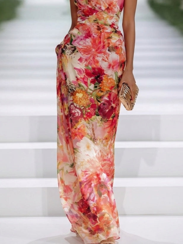 Raya | Red Chiffon Floral Halter-neck Sleeveless Maxi Dress