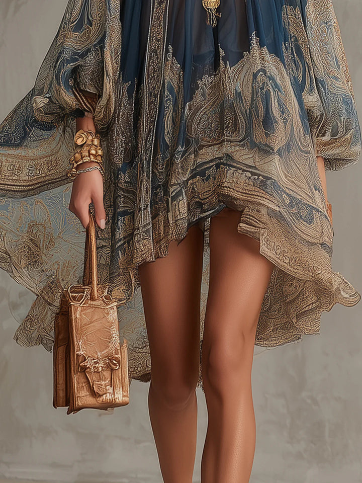 Bérénice | Asymmetrical Mini Dress in Navy Blue Baroque Print Chiffon with High Collar
