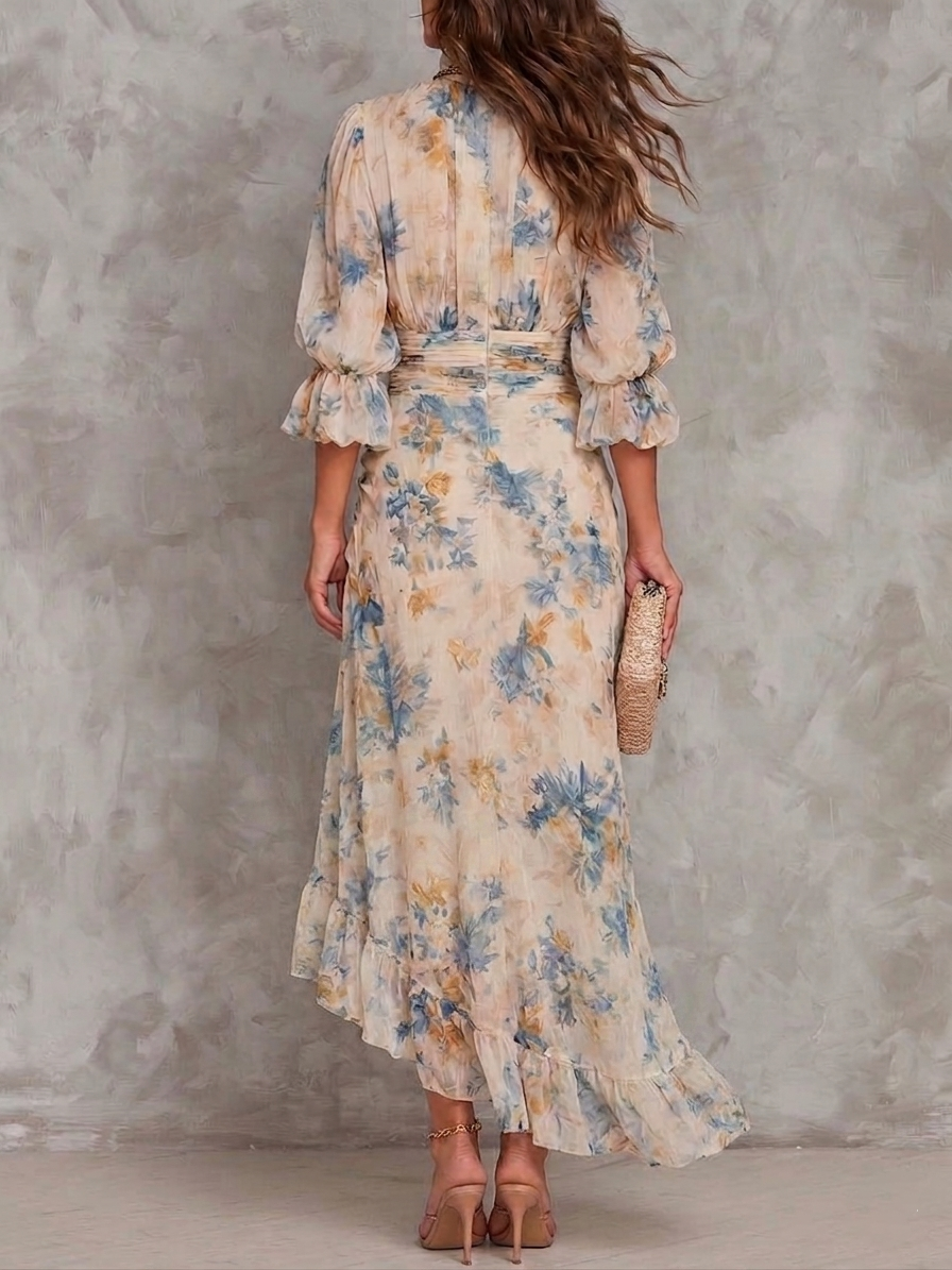 Macy | Beige Turtleneck Oil Painting Floral Print Irregular Chiffon Maxi Dress