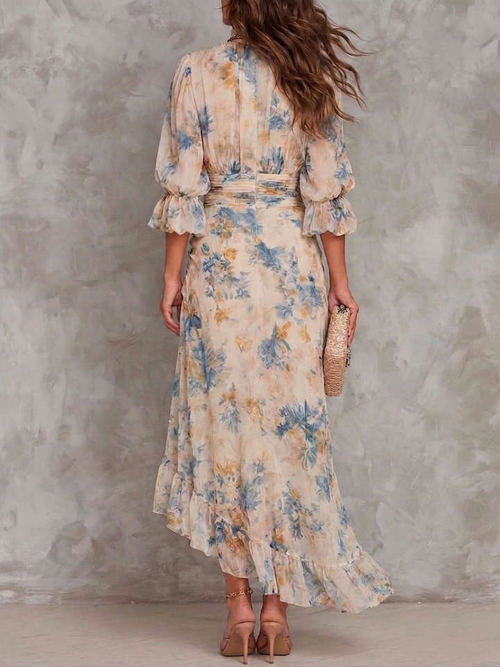 Macy | Beige Turtleneck Oil Painting Floral Print Irregular Chiffon Maxi Dress