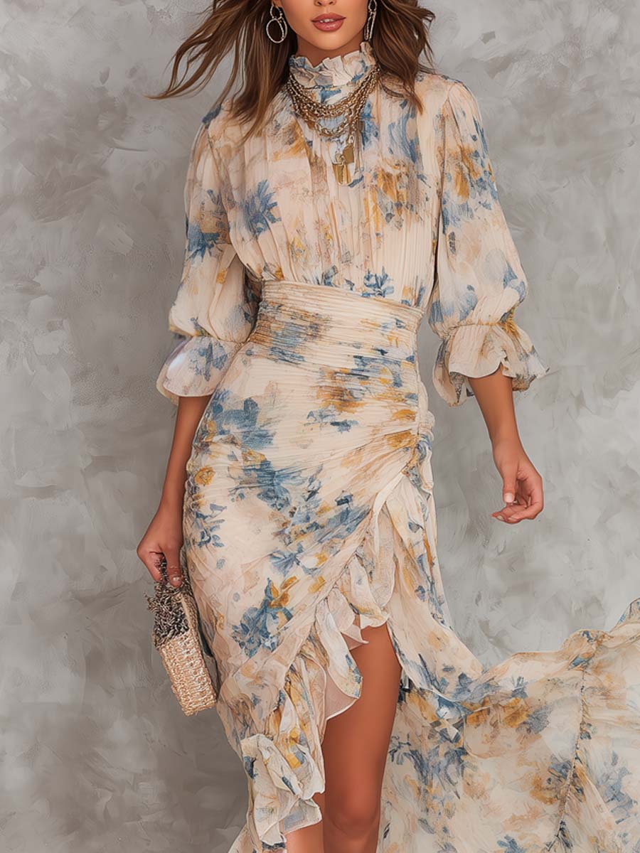 Macy | Beige Turtleneck Oil Painting Floral Print Irregular Chiffon Maxi Dress