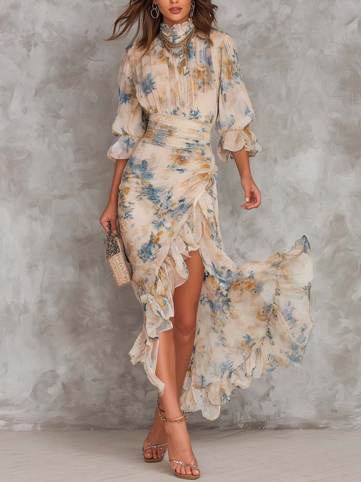 Macy | Beige Turtleneck Oil Painting Floral Print Irregular Chiffon Maxi Dress
