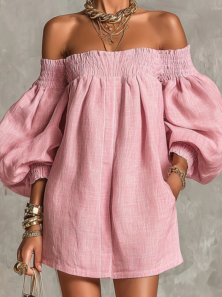 Gisela | Mini Dress in Pink A-Line with Puff Sleeves and Off-Shoulder Design
