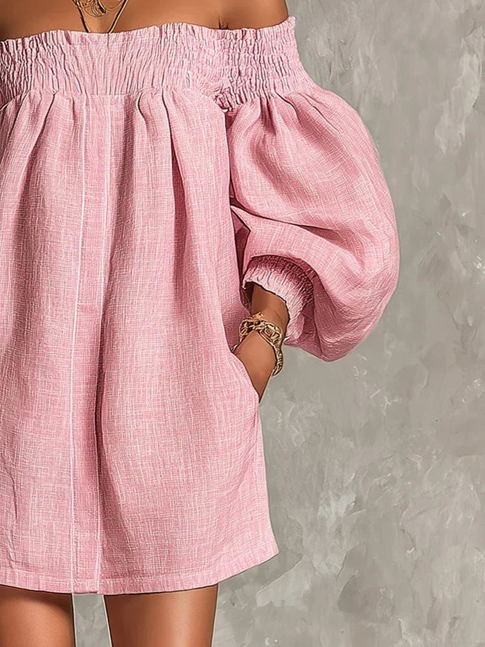 Gisela | Mini Dress in Pink A-Line with Puff Sleeves and Off-Shoulder Design