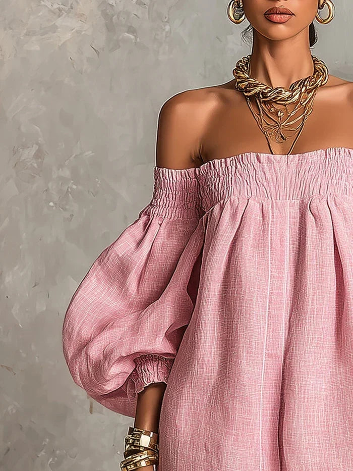 Gisela | Mini Dress in Pink A-Line with Puff Sleeves and Off-Shoulder Design