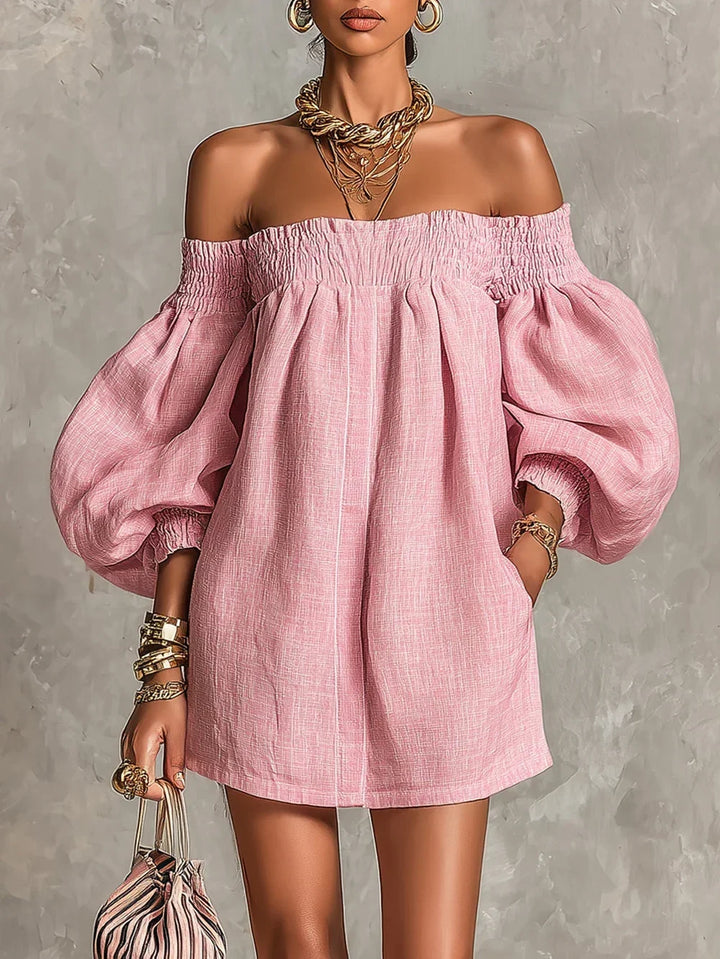 Gisela | Mini Dress in Pink A-Line with Puff Sleeves and Off-Shoulder Design