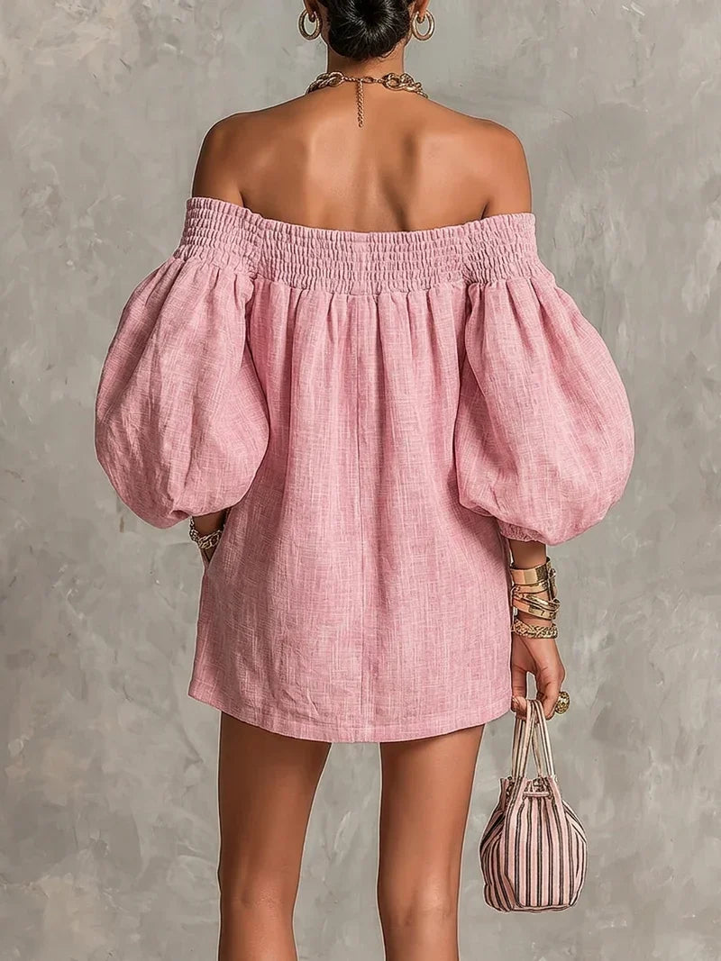 Gisela | Mini Dress in Pink A-Line with Puff Sleeves and Off-Shoulder Design