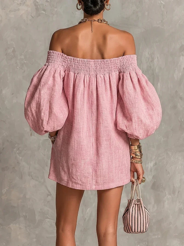 Gisela | Mini Dress in Pink A-Line with Puff Sleeves and Off-Shoulder Design