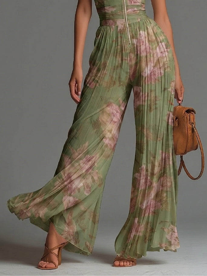 Valentina | Green Floral V-neck Sleeveless Zip-up Pleated Wide-leg Chiffon Jumpsuit