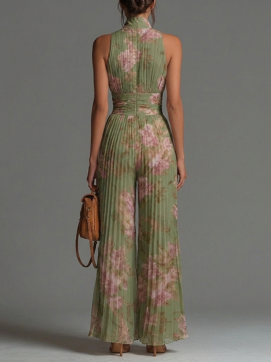 Valentina | Green Floral V-neck Sleeveless Zip-up Pleated Wide-leg Chiffon Jumpsuit
