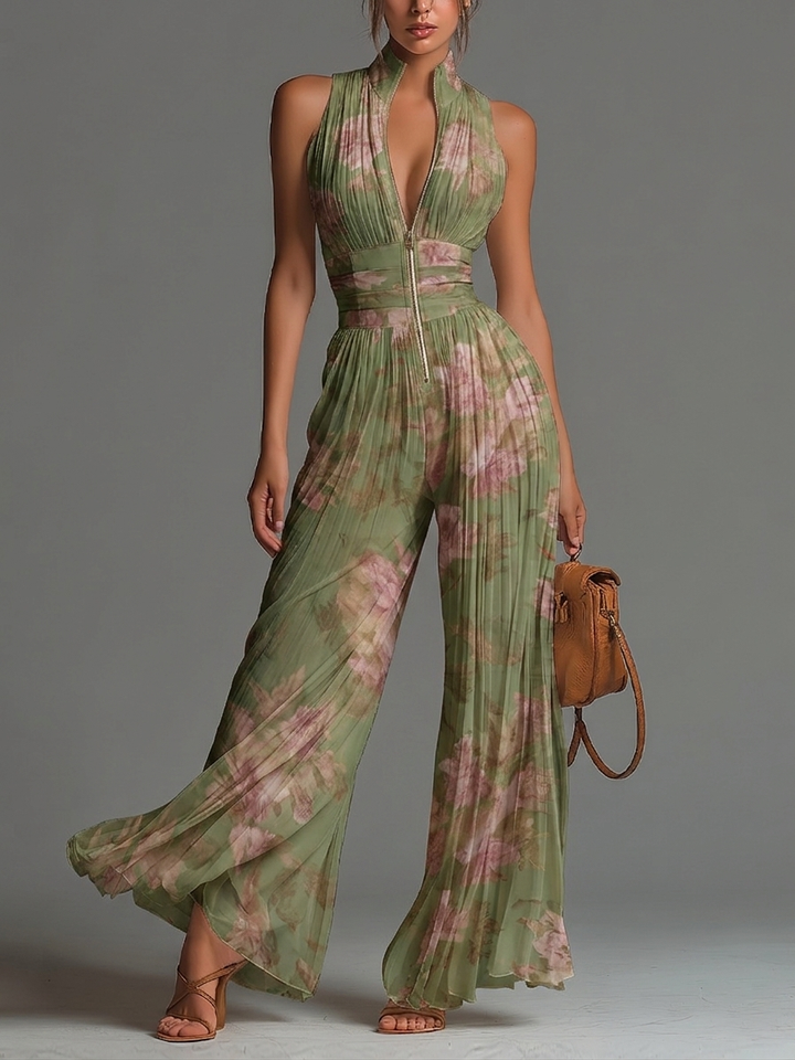 Valentina | Green Floral V-neck Sleeveless Zip-up Pleated Wide-leg Chiffon Jumpsuit