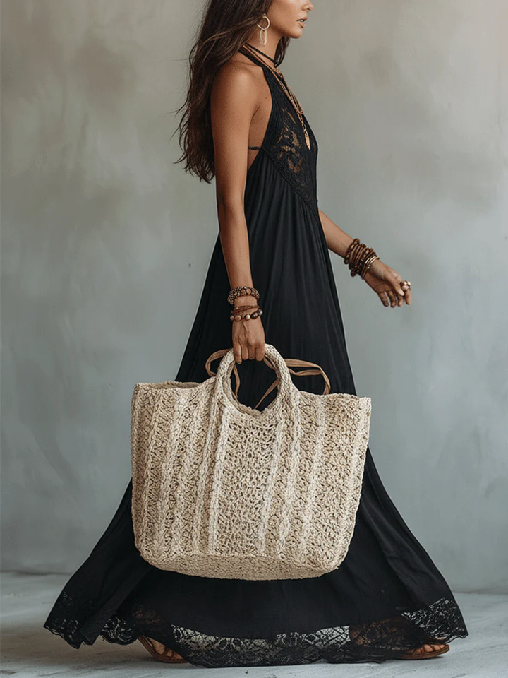 Bea | Bohemian Black Sleeveless Lace-Trimmed Maxi Dress