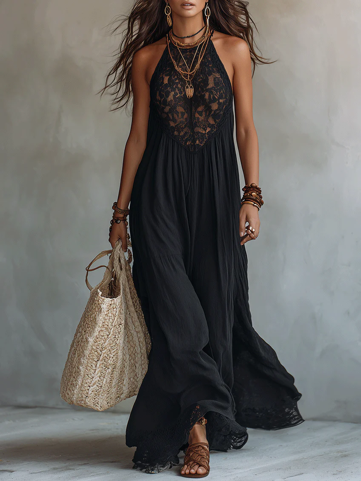 Bea | Bohemian Black Sleeveless Lace-Trimmed Maxi Dress