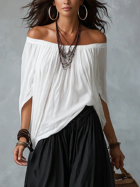 Wanda | White Off-the-shoulder Top And Loose-fitting Lantern Pants Set