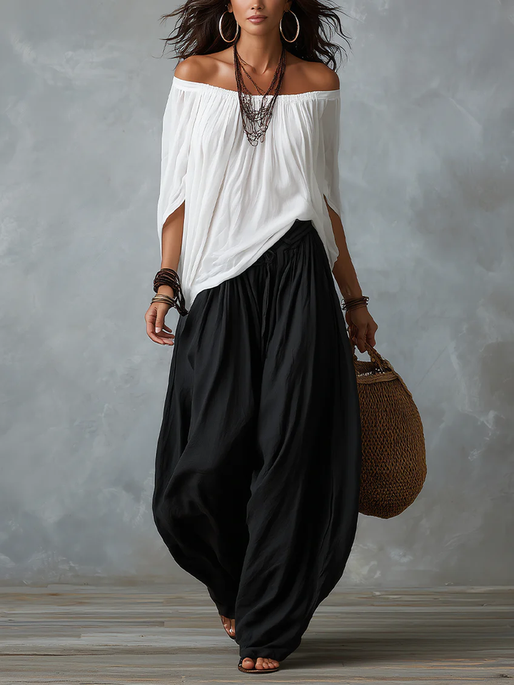 Wanda | White Off-the-shoulder Top And Loose-fitting Lantern Pants Set
