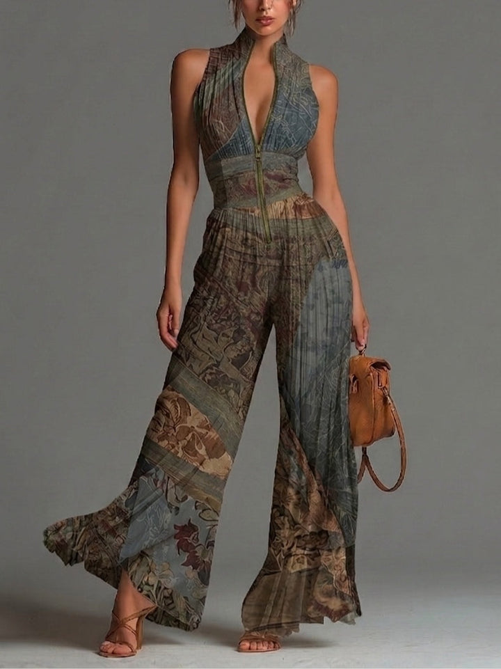 Amanda | Bohemian Ethnic Print Sleeveless Zipper Pleated Wide-leg Chiffon Jumpsuit