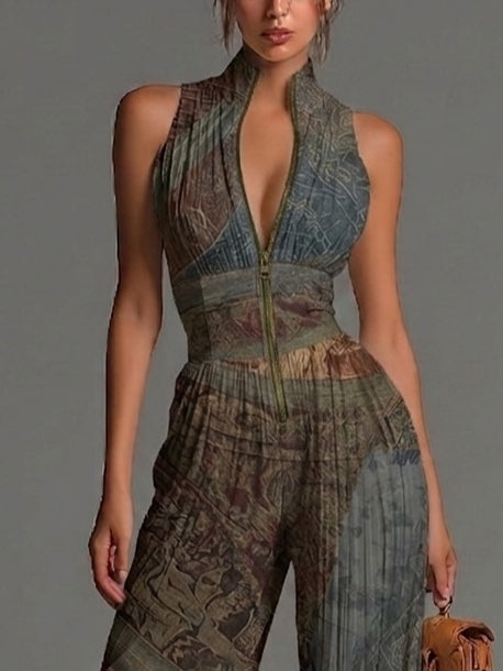Amanda | Bohemian Ethnic Print Sleeveless Zipper Pleated Wide-leg Chiffon Jumpsuit