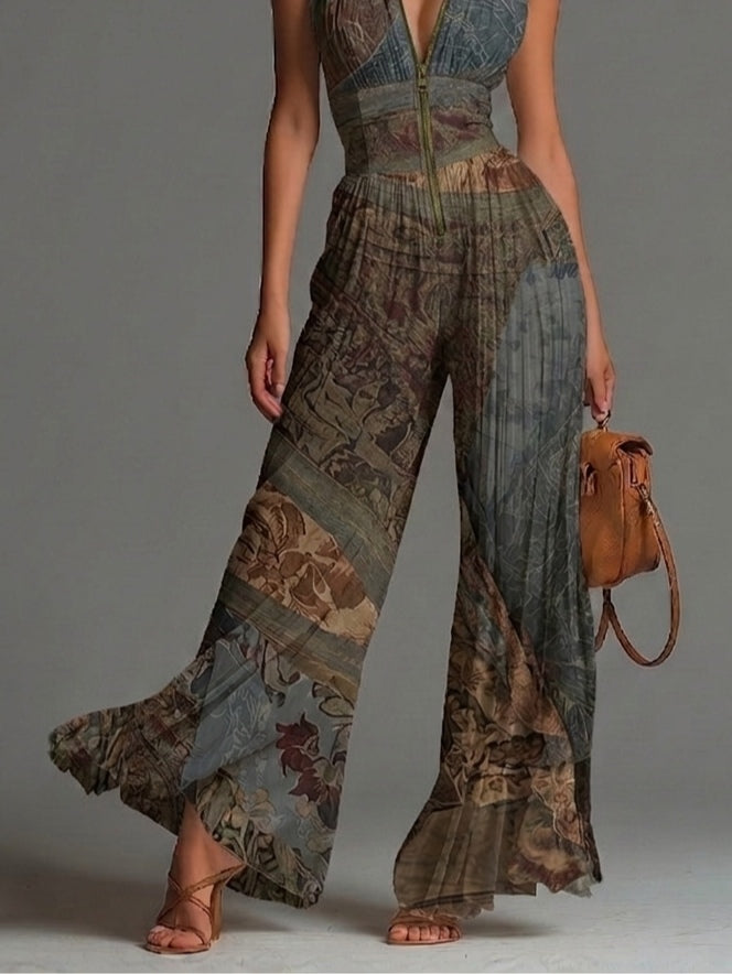 Amanda | Bohemian Ethnic Print Sleeveless Zipper Pleated Wide-leg Chiffon Jumpsuit