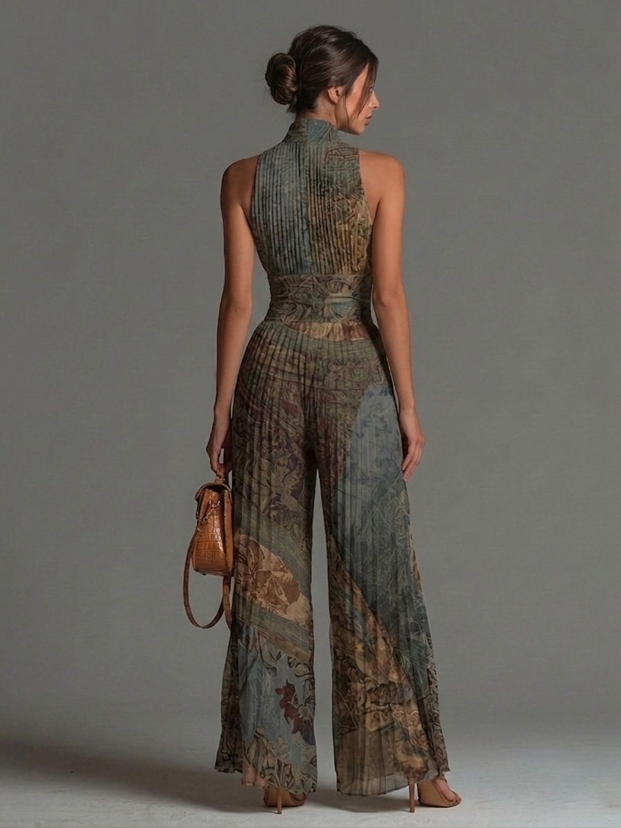 Amanda | Bohemian Ethnic Print Sleeveless Zipper Pleated Wide-leg Chiffon Jumpsuit