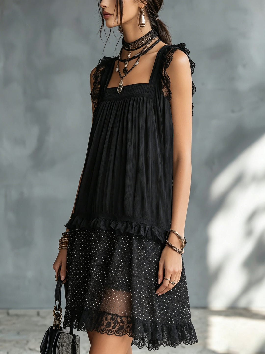 Pauline | Mini Transparent Dress with Polka Dots, Ruffles, and Black Lace Trim