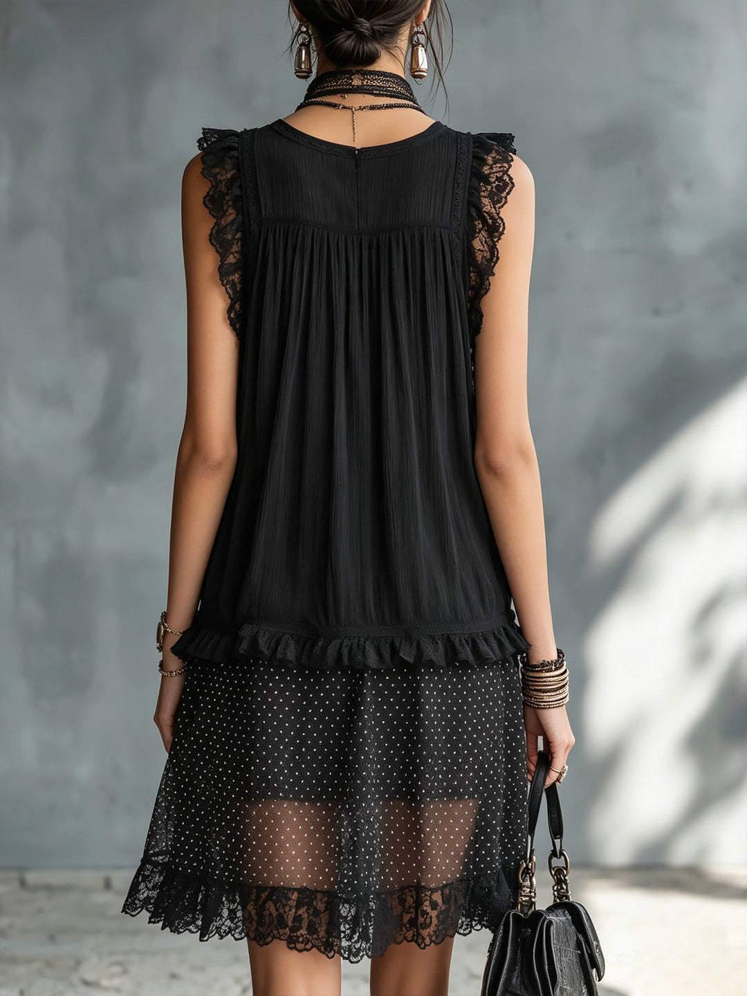 Pauline | Mini Transparent Dress with Polka Dots, Ruffles, and Black Lace Trim