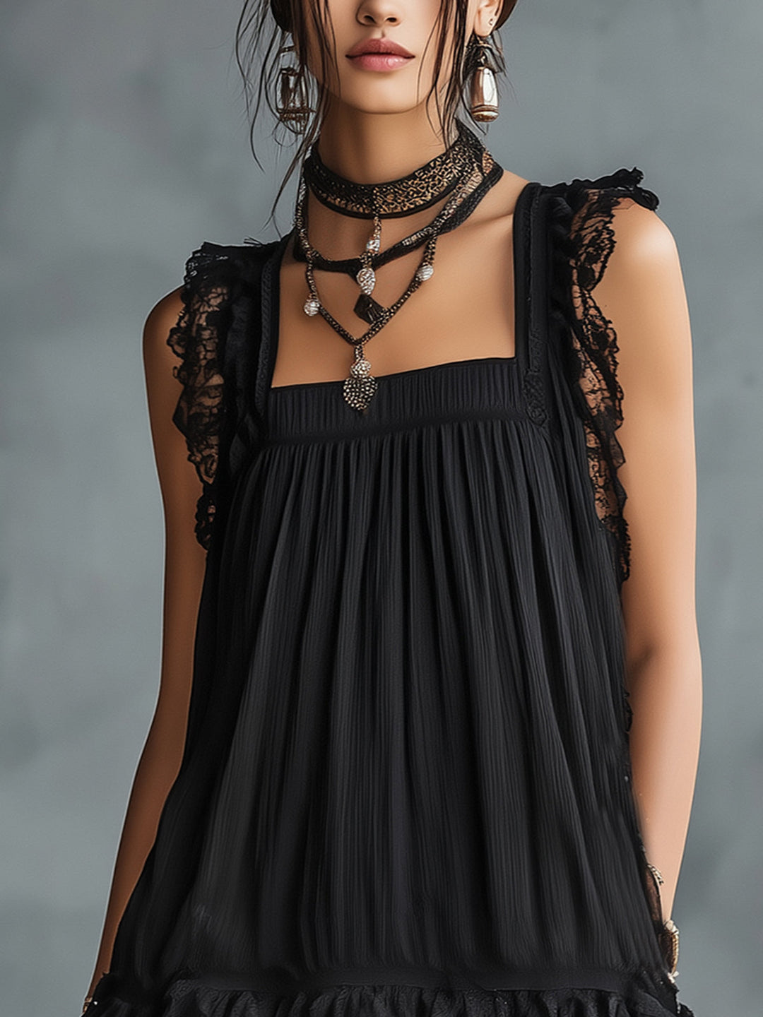 Pauline | Mini Transparent Dress with Polka Dots, Ruffles, and Black Lace Trim