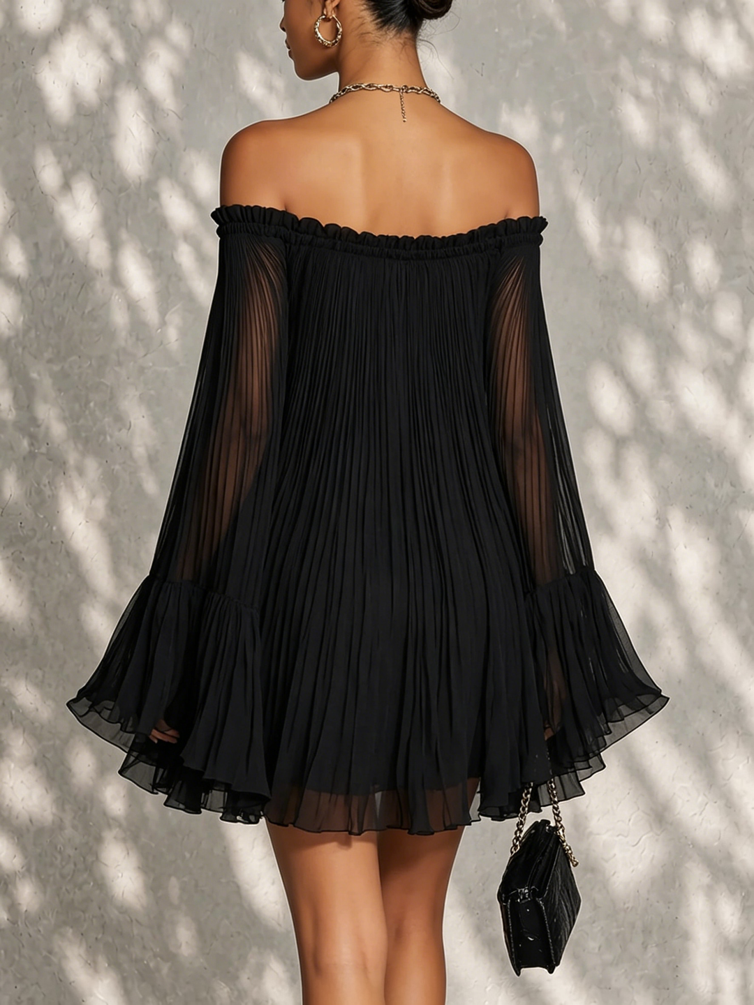 Océane | Mini Black Dress with Bell Sleeves and Off-the-Shoulder Ruching