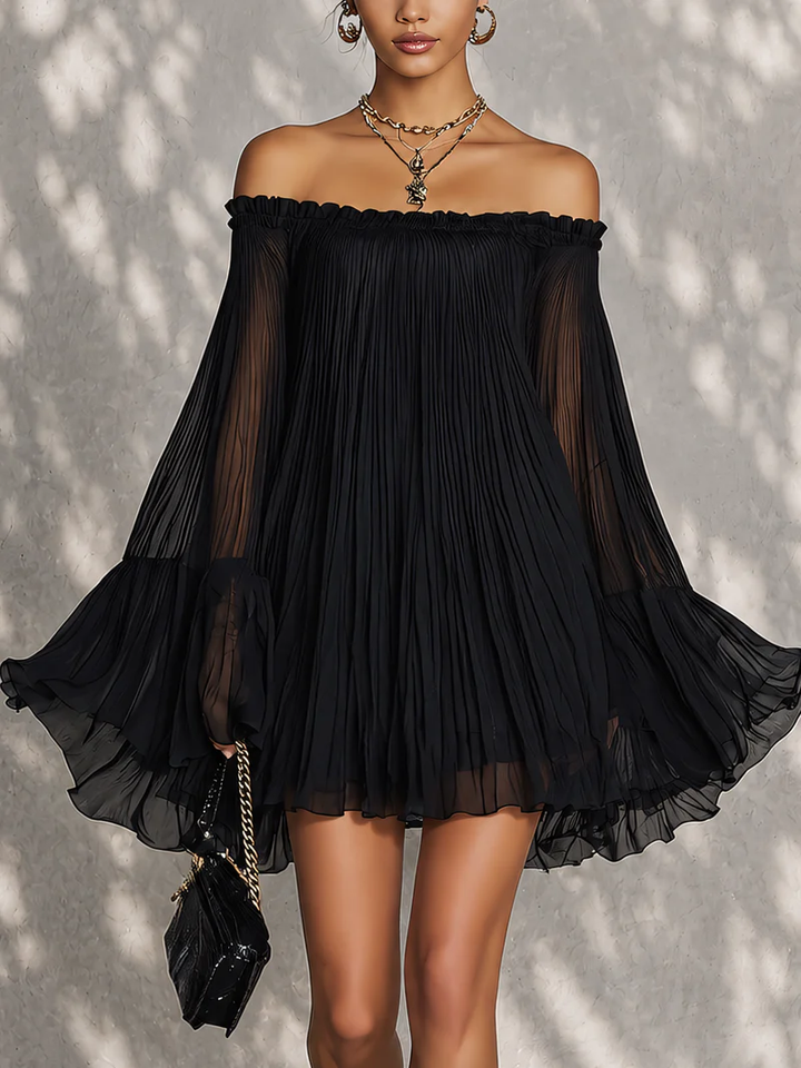 Océane | Mini Black Dress with Bell Sleeves and Off-the-Shoulder Ruching