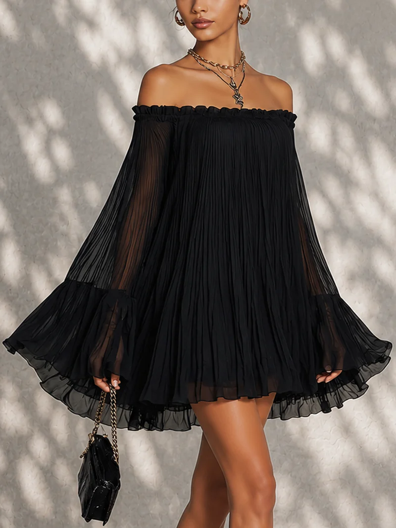 Océane | Mini Black Dress with Bell Sleeves and Off-the-Shoulder Ruching