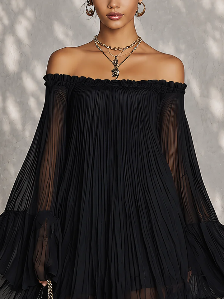 Océane | Mini Black Dress with Bell Sleeves and Off-the-Shoulder Ruching