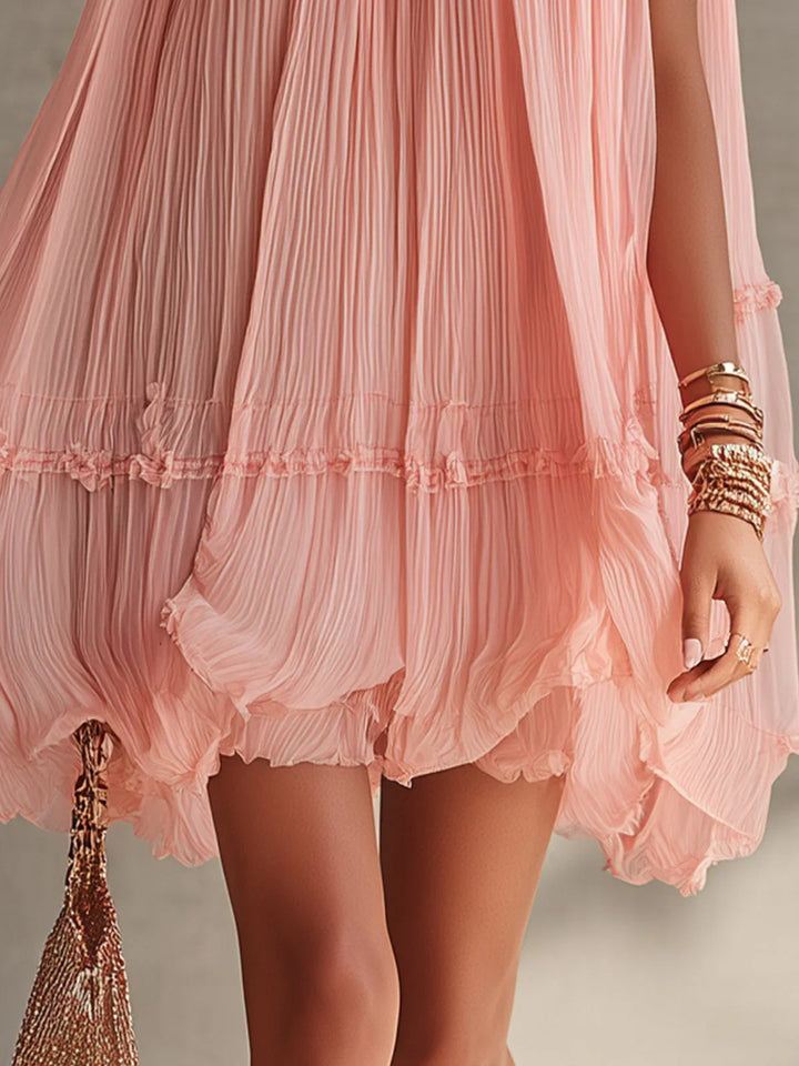 Magdalena | Mini Chiffon Dress in Striped Pink with Halter Neck