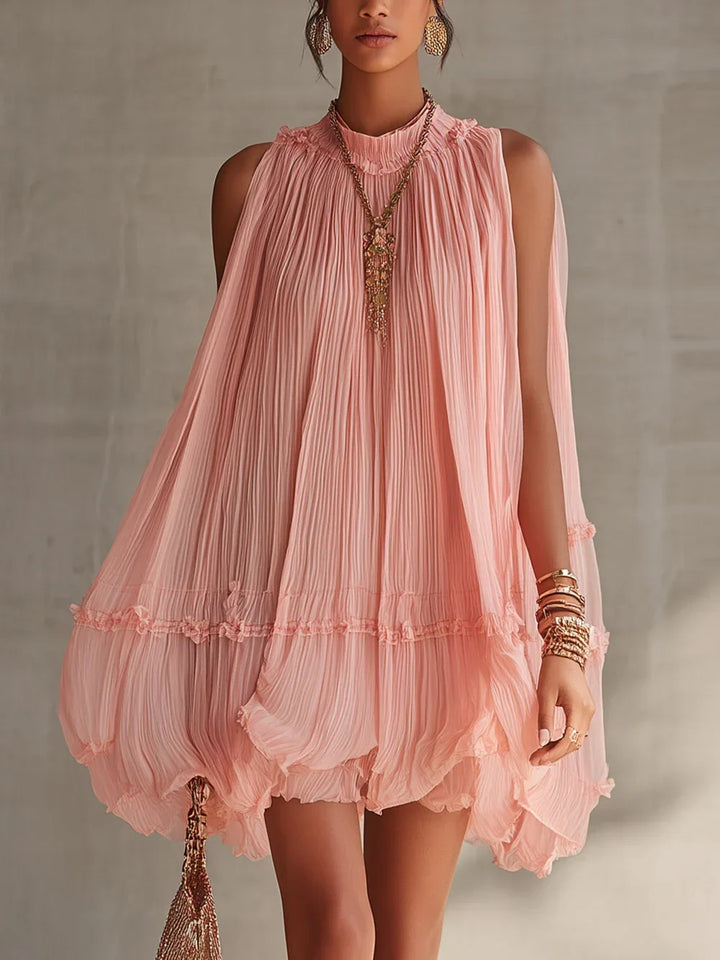 Magdalena | Mini Chiffon Dress in Striped Pink with Halter Neck