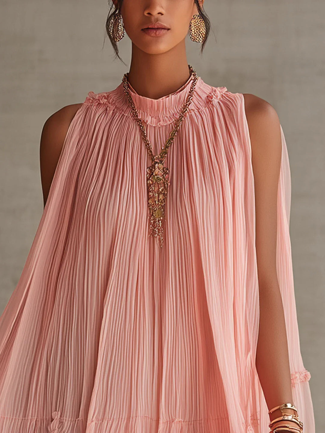 Magdalena | Mini Chiffon Dress in Striped Pink with Halter Neck