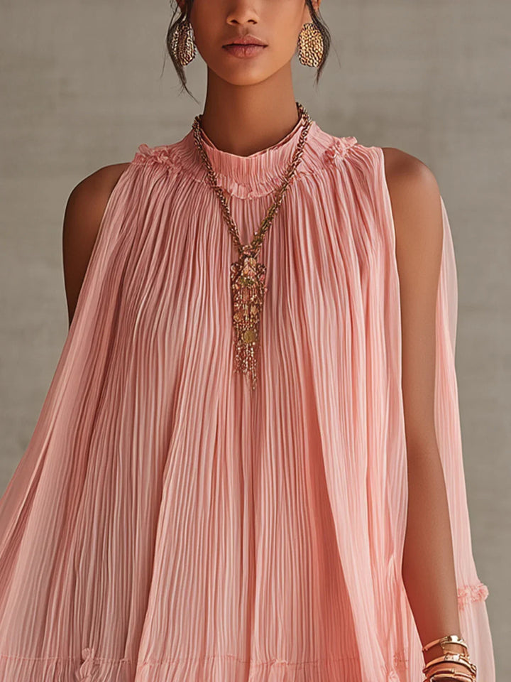 Magdalena | Mini Chiffon Dress in Striped Pink with Halter Neck