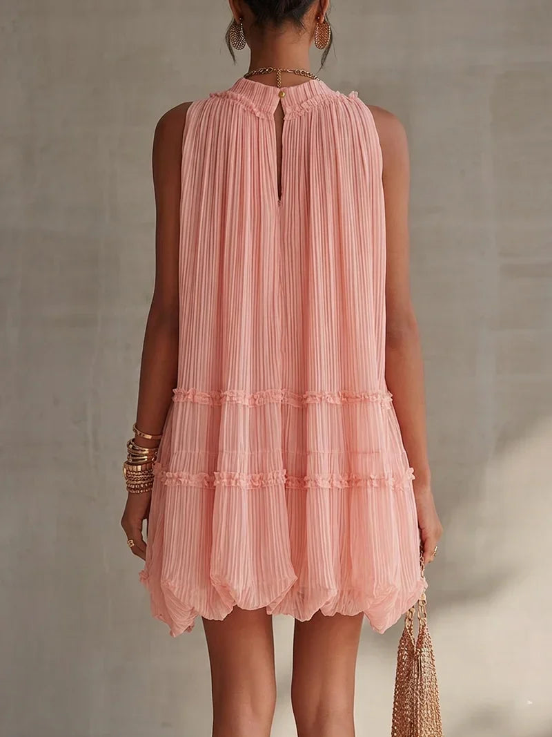 Magdalena | Mini Chiffon Dress in Striped Pink with Halter Neck