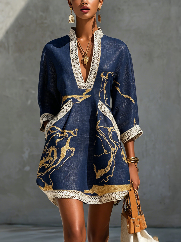 Cosette | Navy Blue Mini Dress with Golden Patterns and V-Neck Crochet Lace