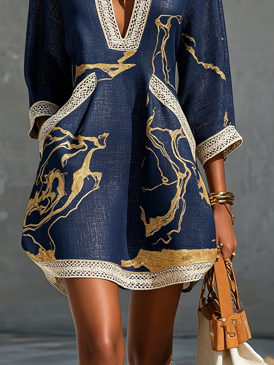 Cosette | Navy Blue Mini Dress with Golden Patterns and V-Neck Crochet Lace
