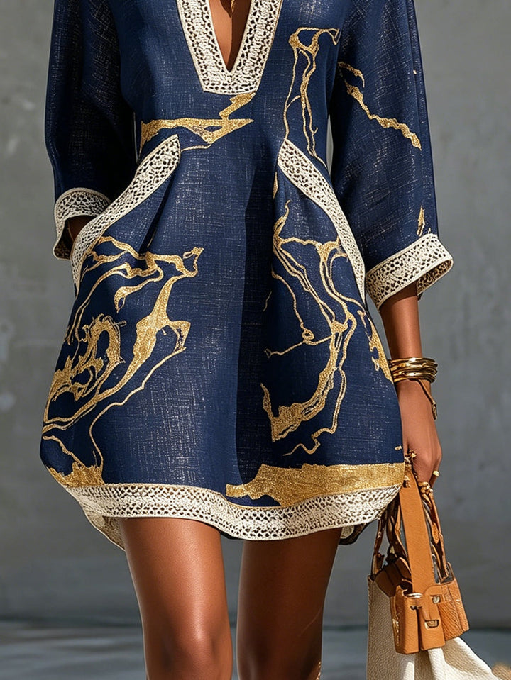 Cosette | Navy Blue Mini Dress with Golden Patterns and V-Neck Crochet Lace