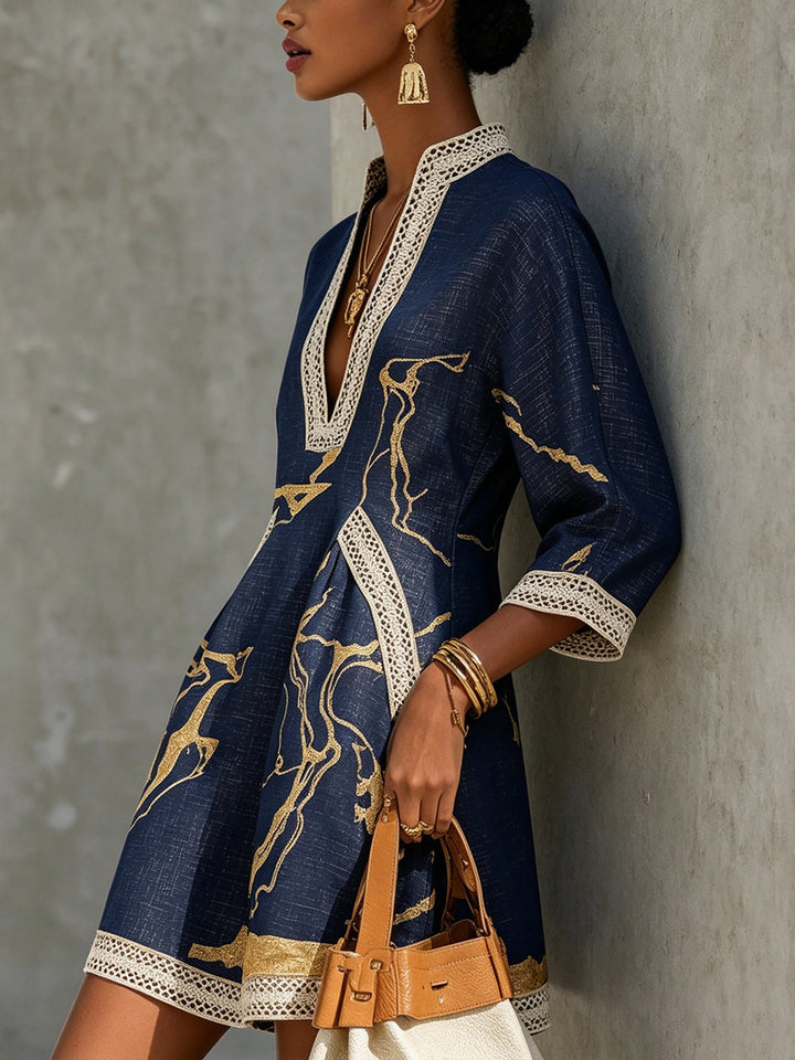 Cosette | Navy Blue Mini Dress with Golden Patterns and V-Neck Crochet Lace